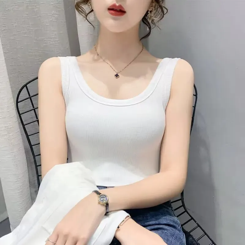 2023 Summer Women Basic Ribbed Knitted Tank Top Solid Color Sleeveless T-shirts Casual Camis Green Blue Elastic Female Tops — image 6