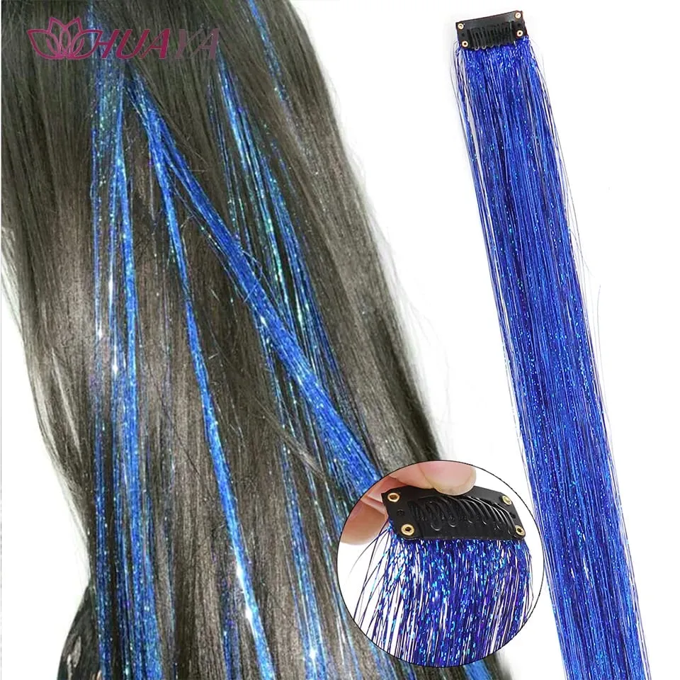 Synthetic Multicolor Colorful Sparkle Clip in Hair Tinsel Strands Long Straight Hair Extensions Blue Silver Highlight Hairpieces