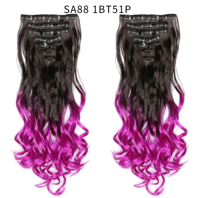 Clip in Long Wavy Synthetic Hair Extension 22 Inch Black 7PCS Thick Hairpieces Fiber Double Weft Hair for Women
