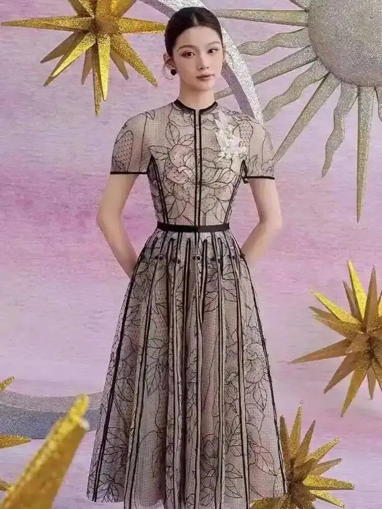 Elegant Dress O-neck Embroidery Gauze Patchwork A-line Solid Women's Evening Party Dresses 2026 Spring New Fashion 35Z927 — image 3