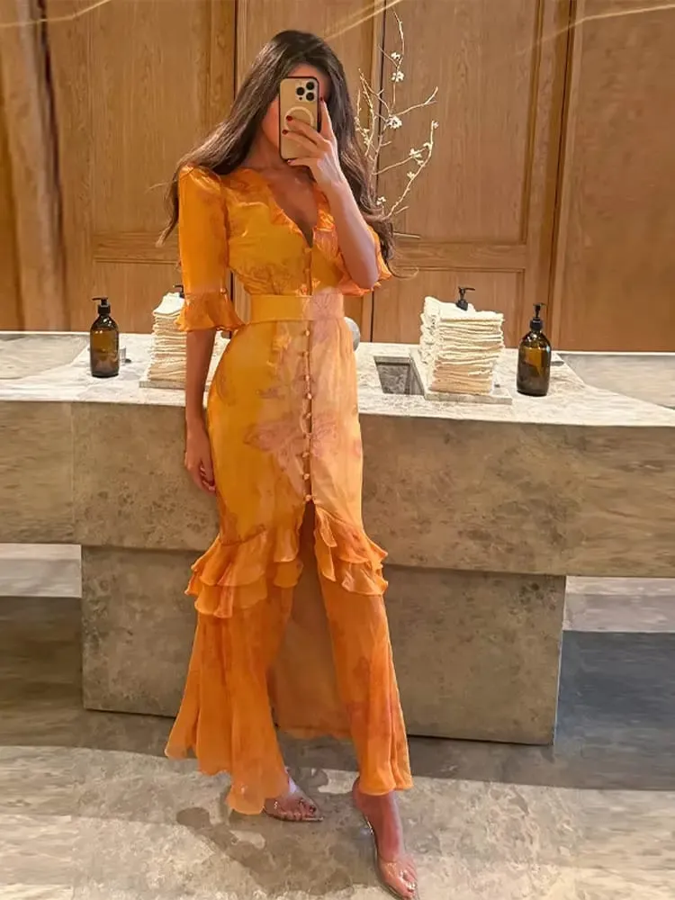 Eleganckie wzburzyć damskie długie sukienki V Neck pół guzik na rękawie wyszczuplająca talia plisowana sukienka 2026 wiosna Lady Fashion Party szaty — image 2