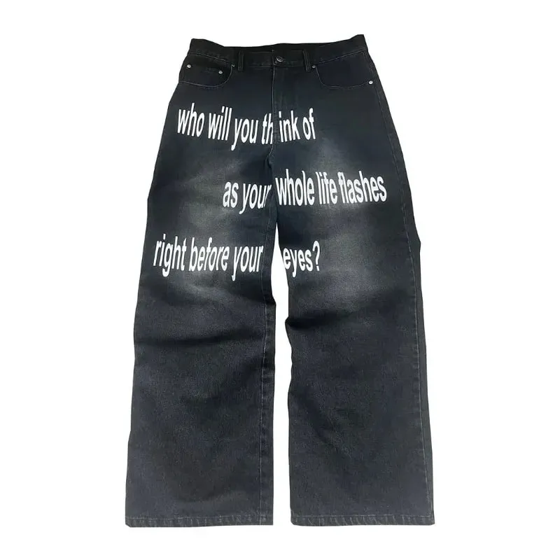 Y2K men Jeans Harajuku Pattern letter jeans Hip Hop streetwear men women 2000s gothic fashion Casual aesthetic wide leg jeans