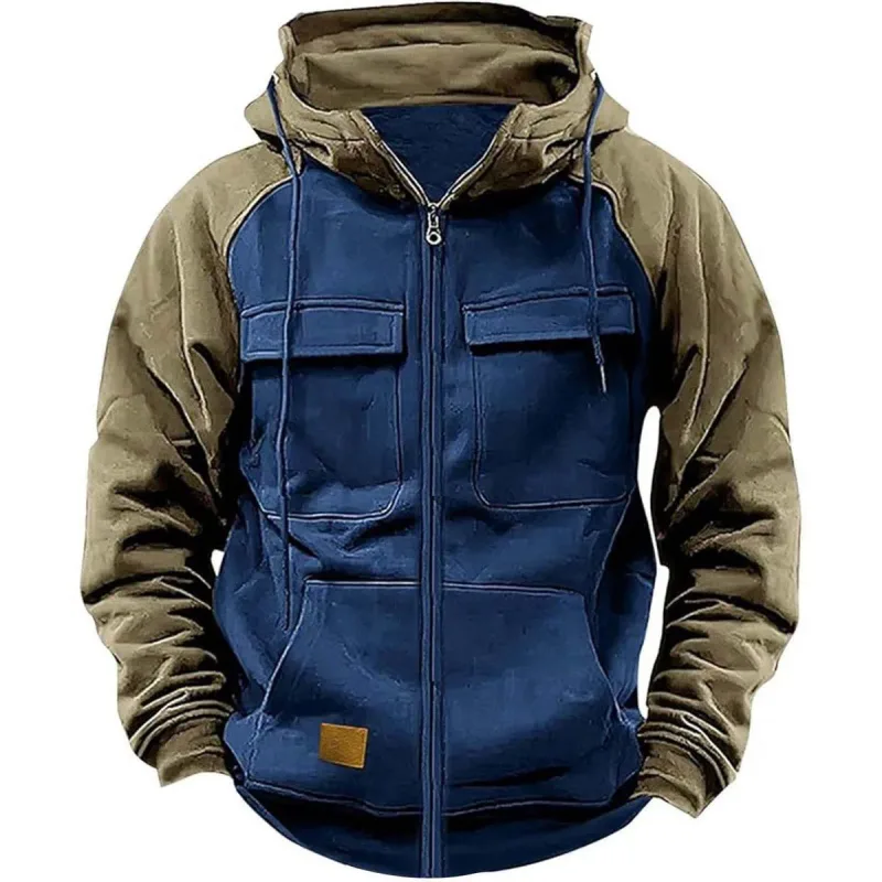 Men Zipper Patchwork Warm Fleece Sweatshirts Fashion Multi Pockets Men Casual Zip up Jacket Autumn Winter Outdoor Tactic Hoodie — image 4