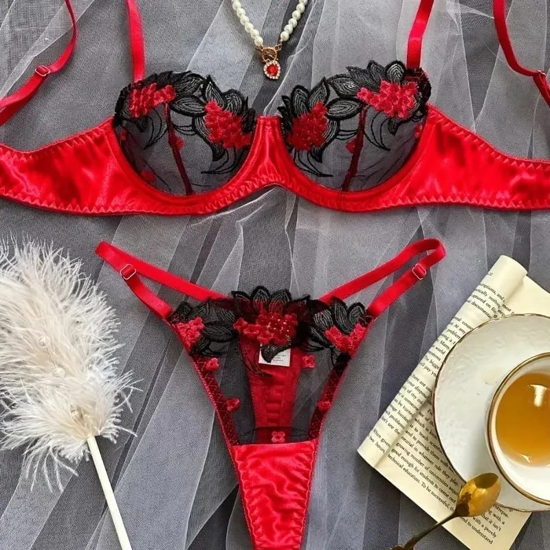 2-piece women's black comfortable lightweight semi transparent lingerie set Fancy Lingerie Floral Lace Bra Set Luxury Underwear — image 3