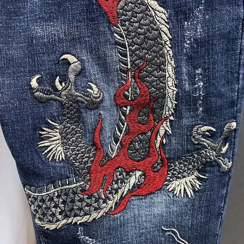 Men's Jeans Summer Dragon Embroidery Denim Shorts Fashion Street Styles Slim Fit Half Length Jean — image 4