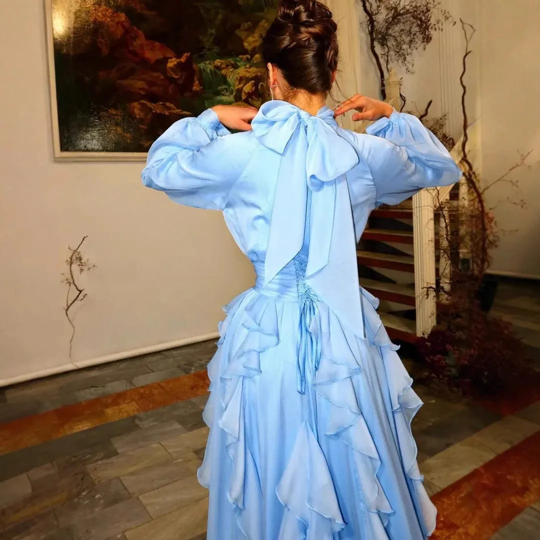 Spring Summer New Fashion Women's Light Blue Solid Color Casual Trendy Long Lantern Sleeve Floor Length Ceremonial Dress Female — image 3