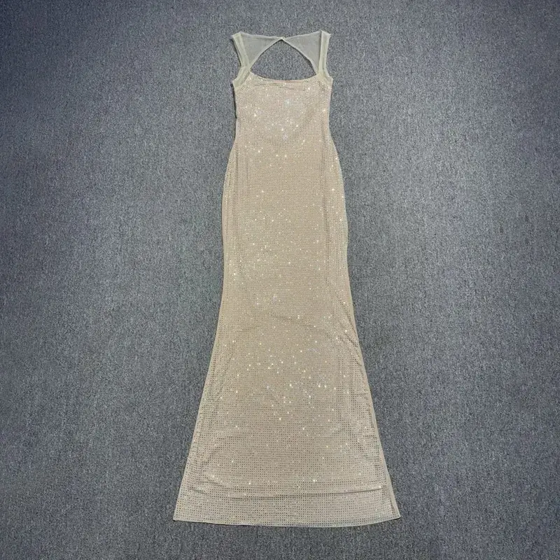 Multi Colours Backless Shiny Rhinestones Mesh Patchwork Long Dress For Women Slim Bodycon Evening Party Cocktail Gowns