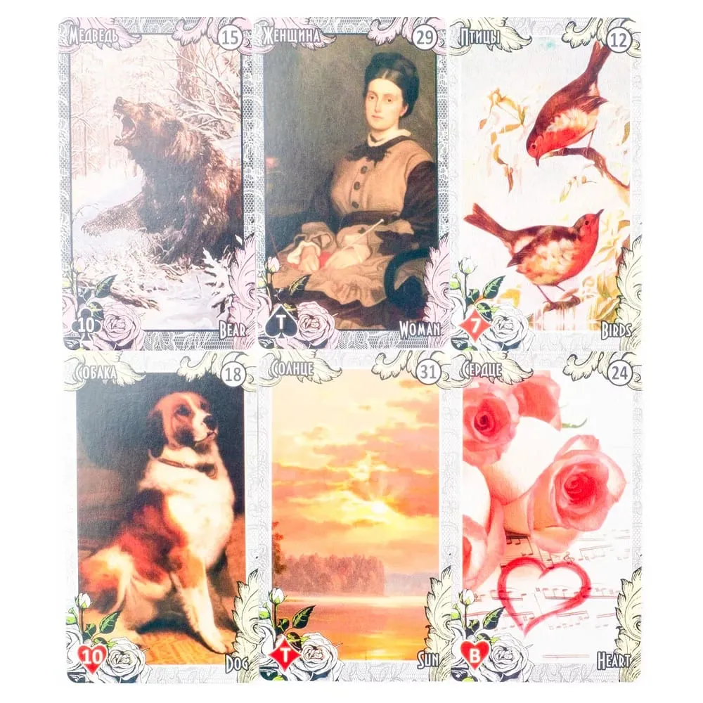 72 Stück ЛЕНОРМАН ВИНТАЖНЫЙ СТИЛЬ LENORMAND ORACLE Russian Visions Tarot Divination Fate Deck Brettspielkarte für Familienfeier