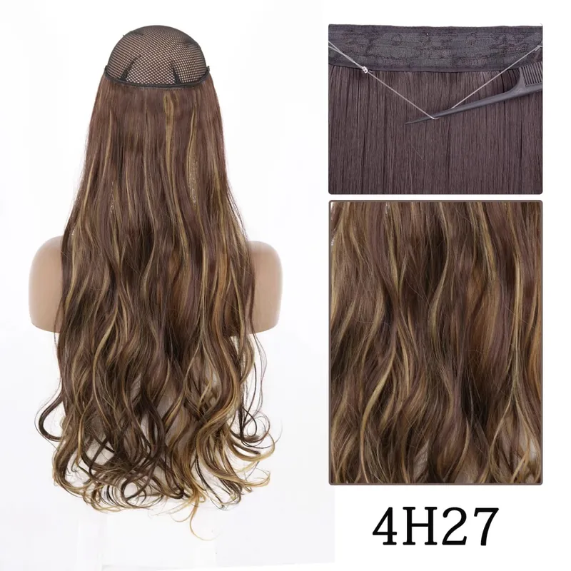Synthetic No Clip Adjustable Fish Line Hair Extensions Natural Blonde Brown Long Wavy Heat Resiatant Hairpiece For Women