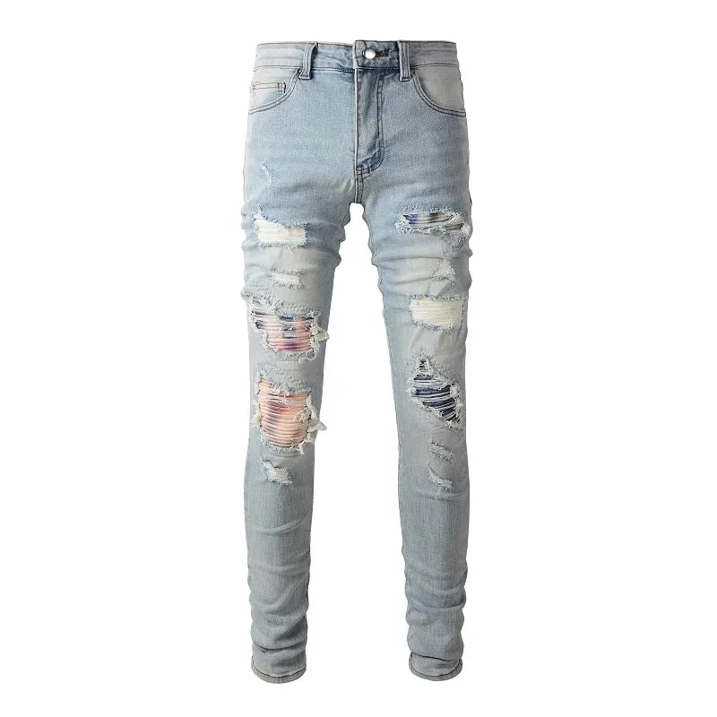 Men Cracked Patch Stretch Denim Jeans Holes Ripped Patchwork Pants Streetwear Light Blue Skinny Tapered Trousers — image 9