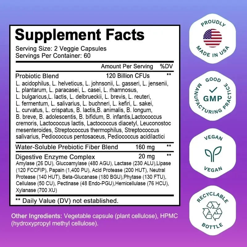 Probiotics 120 Billion CFU 36 Strains Contains Prebiotics and Digestive Enzymes for Digestion and Immune Support Vegan Non-GMO