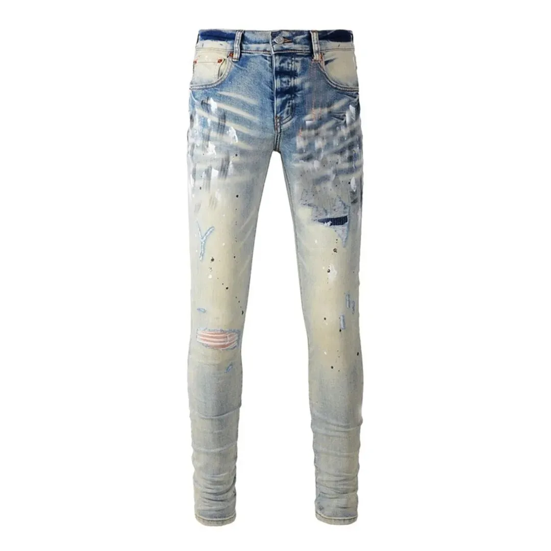 High Street Men's Jeans American Distressed Dark Black Coated Blank Stretch Skinny Button Fly Ripped Pants Trousers — image 14