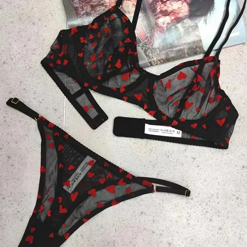 2 Pieces Lingerie Set Sexy Ultra Thin Breathable Brassiere for Women Push Up Bra Set Summer Mesh Romantic Peach Heart Intimates — image 11