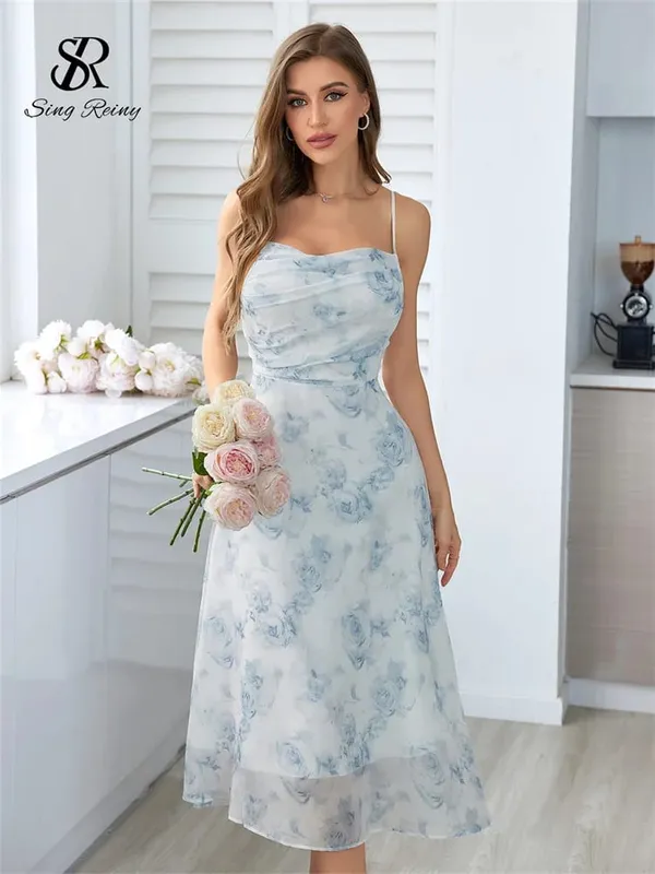 Frauen Floral Spaghetti Strap Kleid Elastische Geraffte Sexy Hohl Backless Party Kleid Sommer Boho Urlaub Strand Sommerkleid — image 5