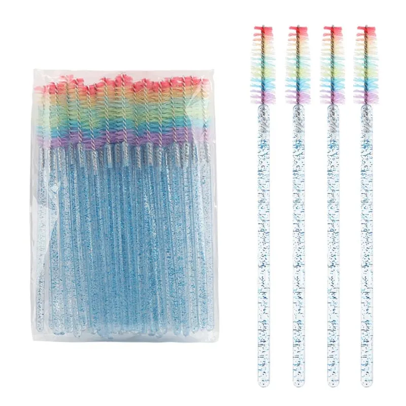 50pcs Disposable Crystal Eyelash Brush Lash Extension Makeup Brushes Mascara Wand Applicator Eyebrow Comb Rainbow Microbrush