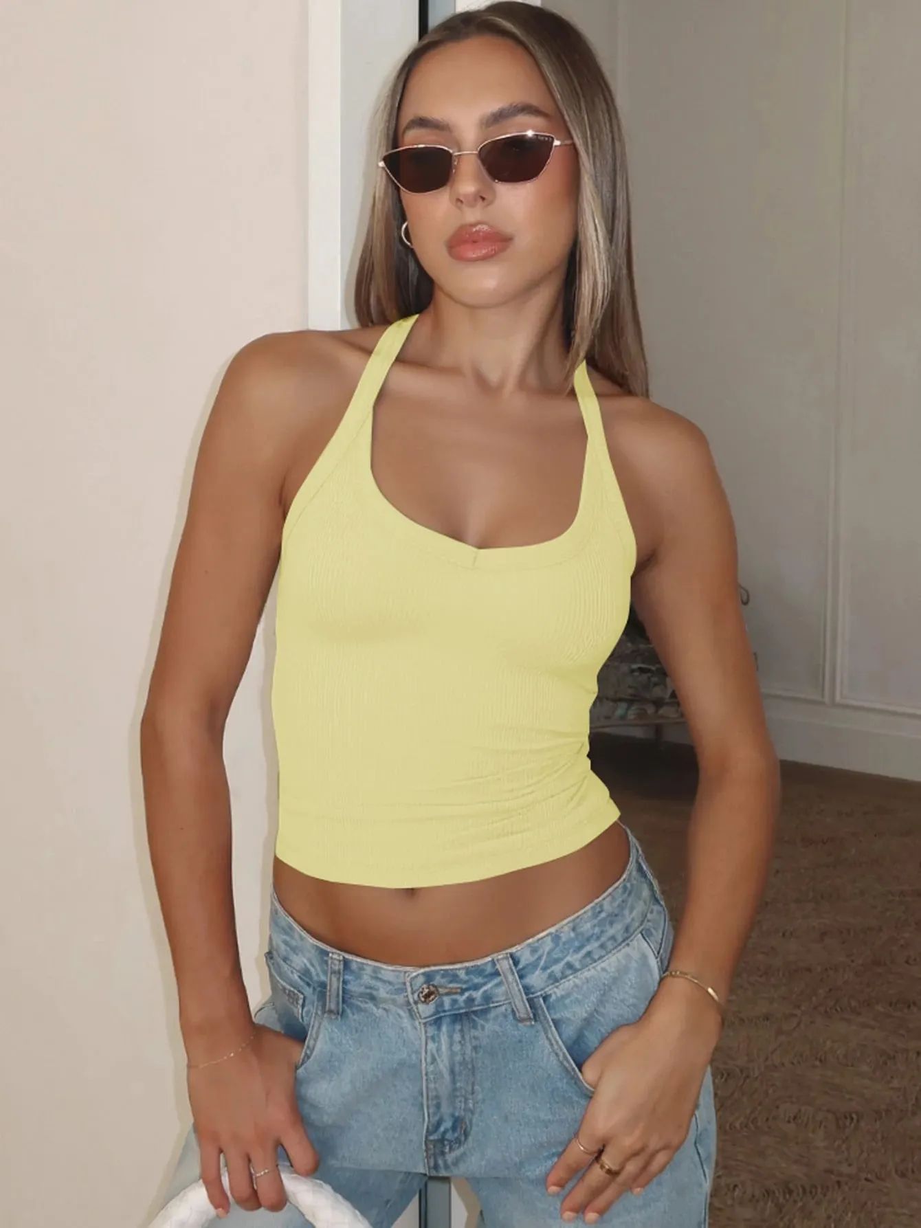 Hugcitar 2026 Summer Ribbed Halter Backless Solid Sexy Crop Tank Top Casual Y2K Women Clothes Beach Vacation Streetwear Yoga — image 18