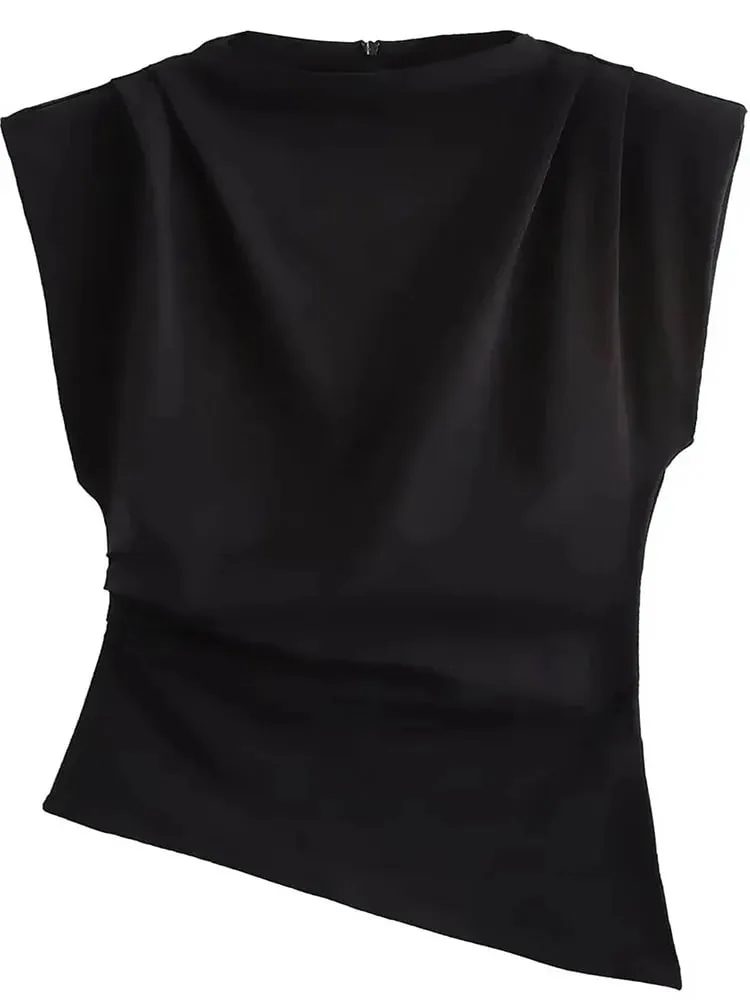New European and American fashion simple pleated decorative shoulderless top