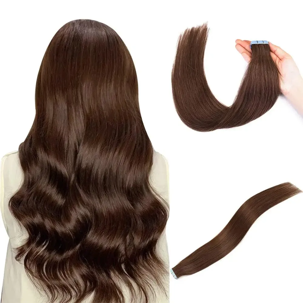 #4 Tape in Hair Extensions Human Hair Straight Hair extensions Real 100% Human Hair Tape in Extensions Brown 20Inch 20Pieces 50g — image 1