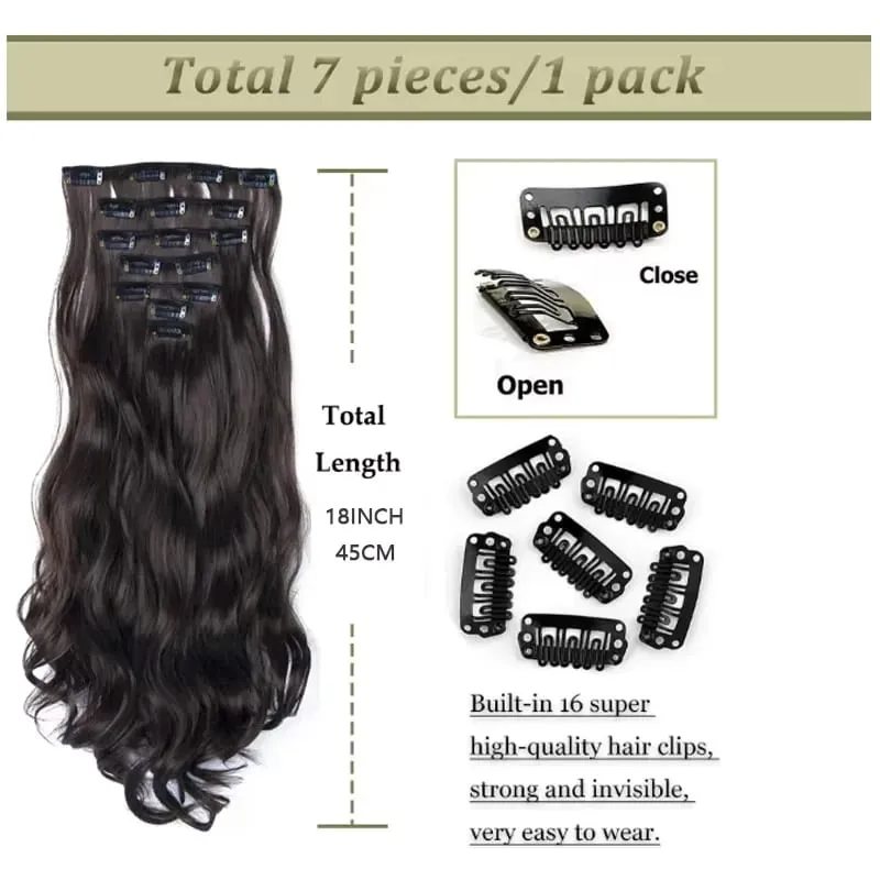 18Inch Synthetic Extension 16 Clips Blonde Hair Natural Long Wavy 7Pcs/Set Heat Resistant Fiber Hairpiece Black Brown Hairstyle — image 3