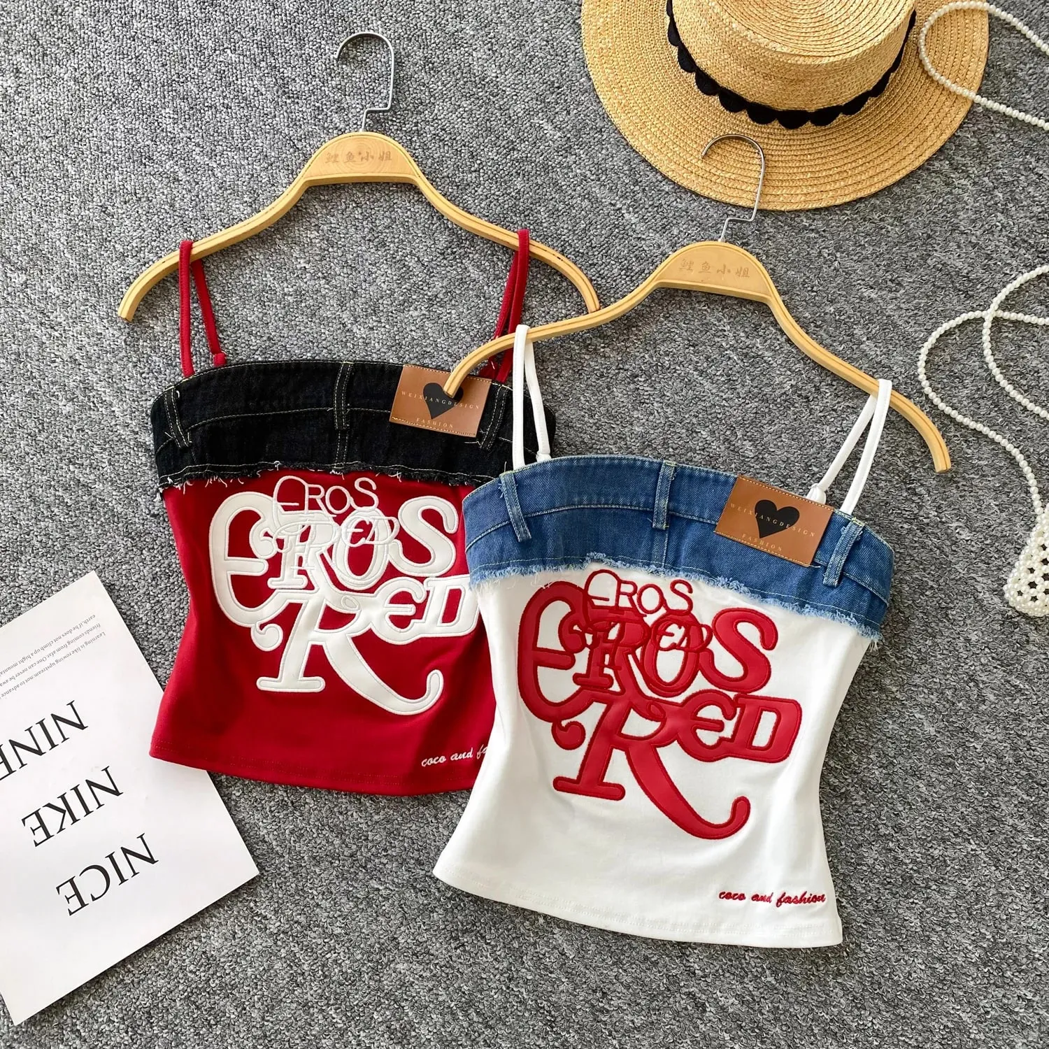 American Retro Y2k Strap Tops Letter Embroidery Denim Patchwork Fashion Design Women Hotsweet Streetwear Slim Crop Top