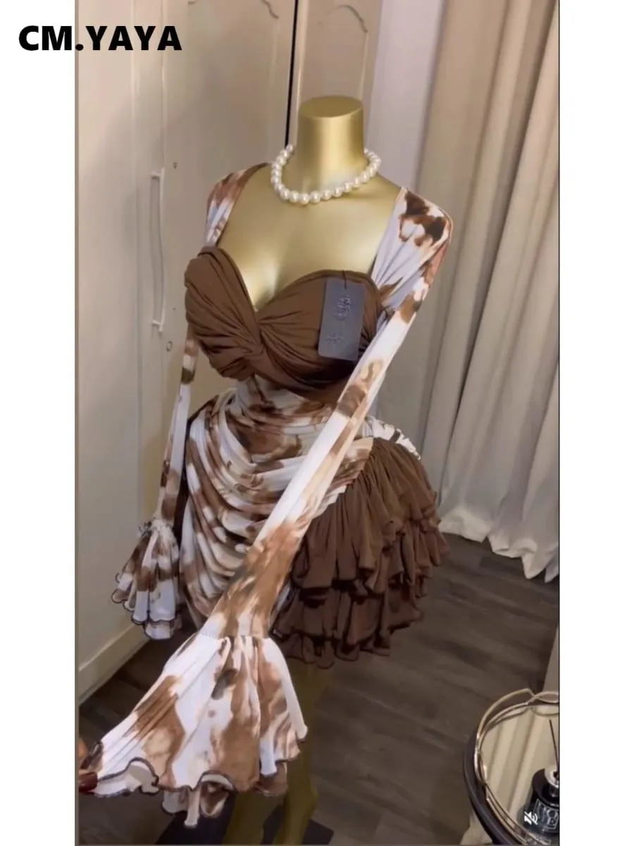 CM.YAYA Damen-Kleid mit Batikdruck, kaskadierende Rüschen, Glocke, lange Ärmel, figurbetont, gerafft, drapiert, V-Ausschnitt, Urlaub, Strand, Urlaubskleider — image 6