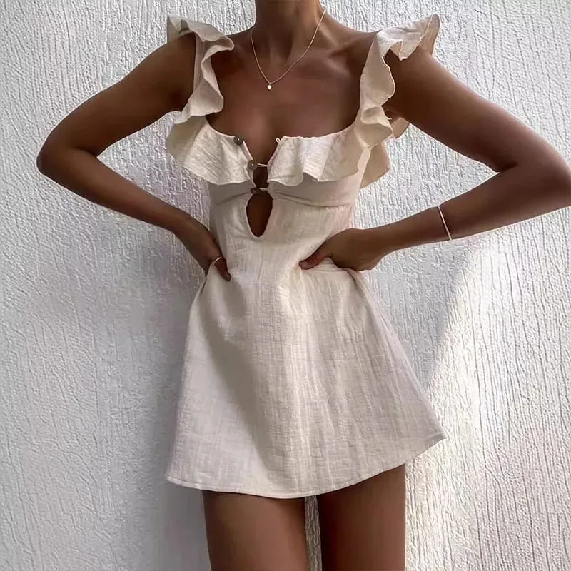 Summer Hollow Out Button Ruffles Short Dress Sexy V Neck Sleeveless Solid Color Dress New Holiday Beach Cotton Linen Mini Dress — image 3