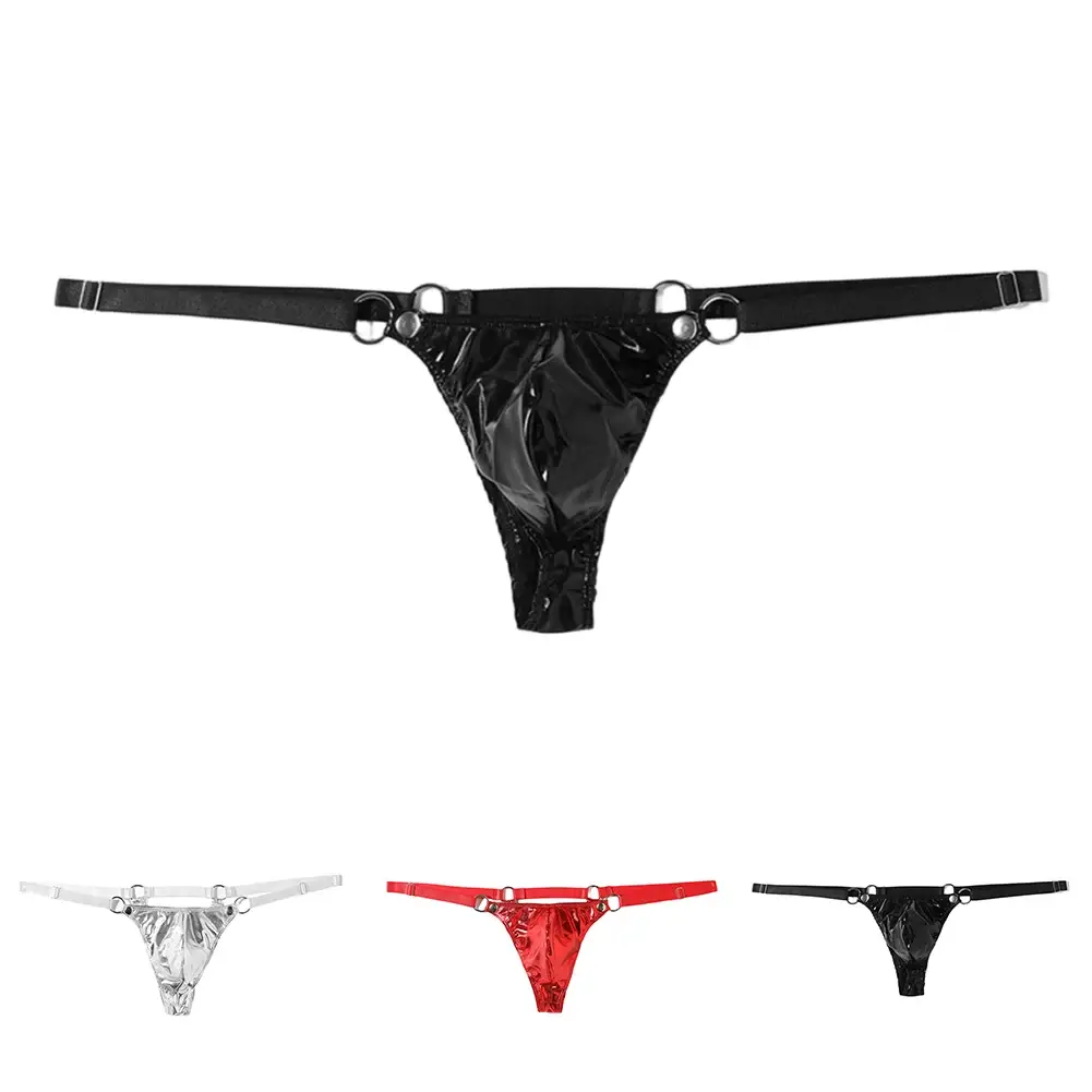 1 PC ผู้ชายสิทธิบัตรหนัง G-String เซ็กซี่ทอง V-Back LOW แหวน RISE T-Back Bulge POUCH ชุดชั้นในชุดชั้นในเกย์ Hot Clubwear
