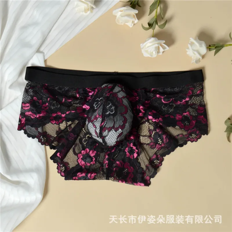 Renda sexy roupa interior suave dos homens bolsa calcinha perspectiva fina floral homem briefs tentação malha baixa ascensão respirável cuecas — image 5