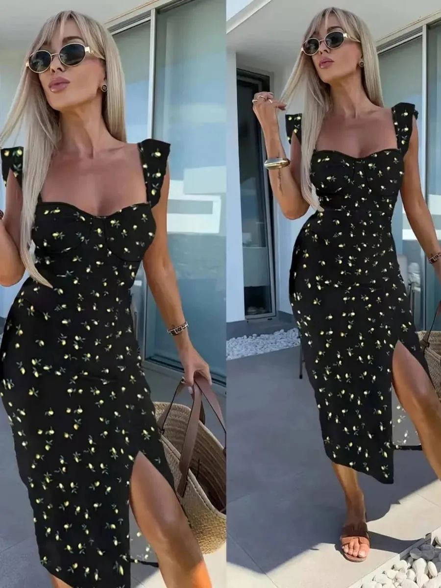 New European and American Summer Elegant Design Printed Suspender Slit Midi-Length Ladies Dress — image 2