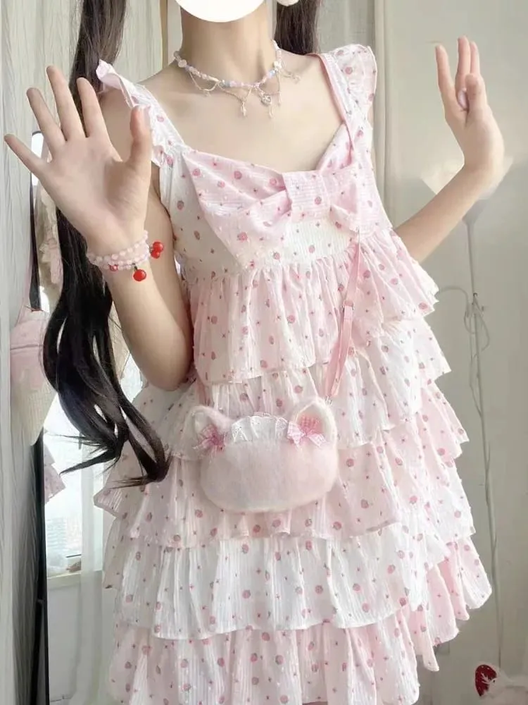 Sweet Japanese Style Tiered Sleeveless Dress with Polka Dots Cute Mini Cake Dress Summer Casual Feminine Outfit for Women New