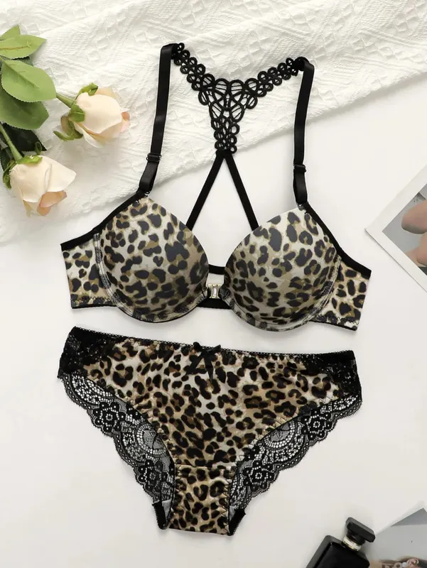 Women's Sexy Underwear Set Leopard Pattern Bra with Steel Ring Front Closure Comfortable and Breathable Lace Panty