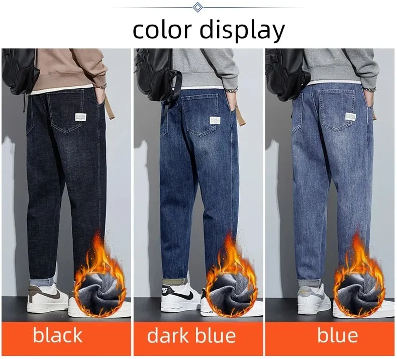 Winter Dark Blue Fleece Jeans for Men Black Loose Straight Casual Trendy Comfortable Versatile Youth Thickened Harem Pants Blue — image 8