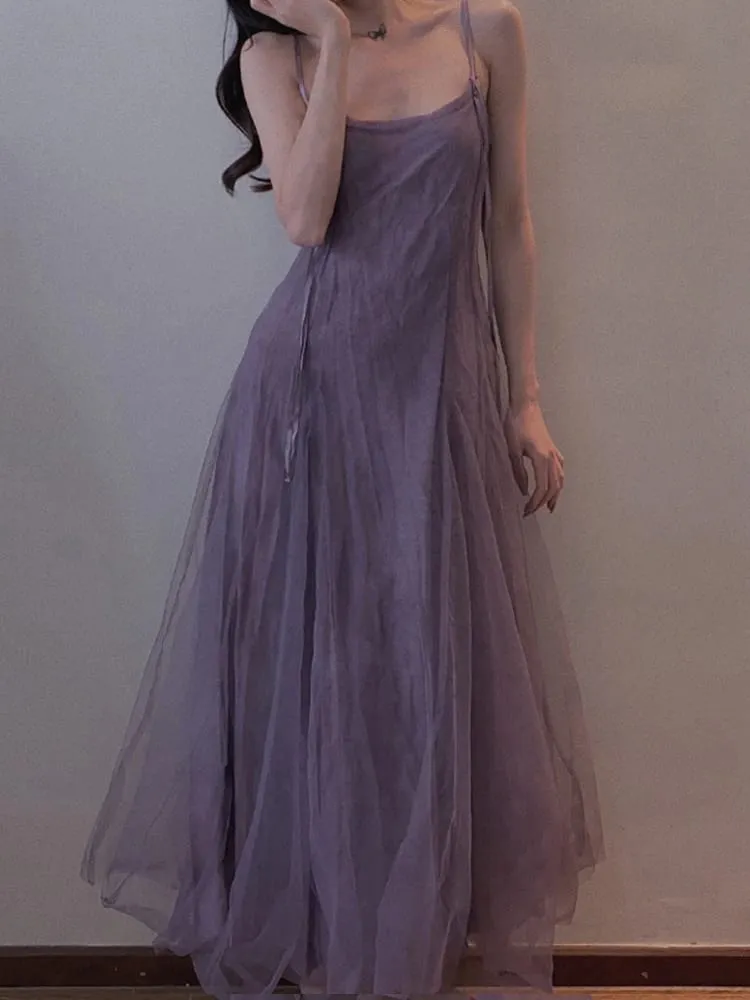 Slimming Effect Purple Mesh Ankle-Length Dress with Strap for plus Size Women Conceals Belly A-Line Gown Korean Style Commute... — image 4