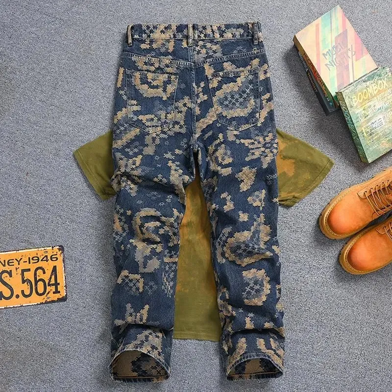 Mosaic Jacquard Embroidery Retro Jeans Men's Fashion High end Loose Straight Tube Trendy Printed Wide Leg Long Pants