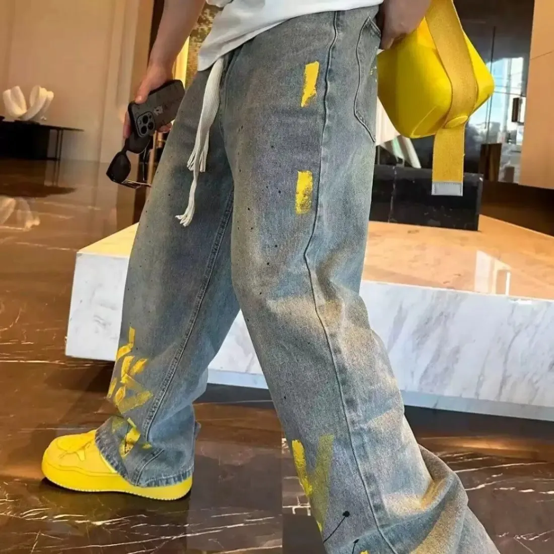 New Washed Jeans for Autumn and Winter Men Hand-painted Inkjet Print Fashionable and Versatile Old Casual Straight Pants — image 2