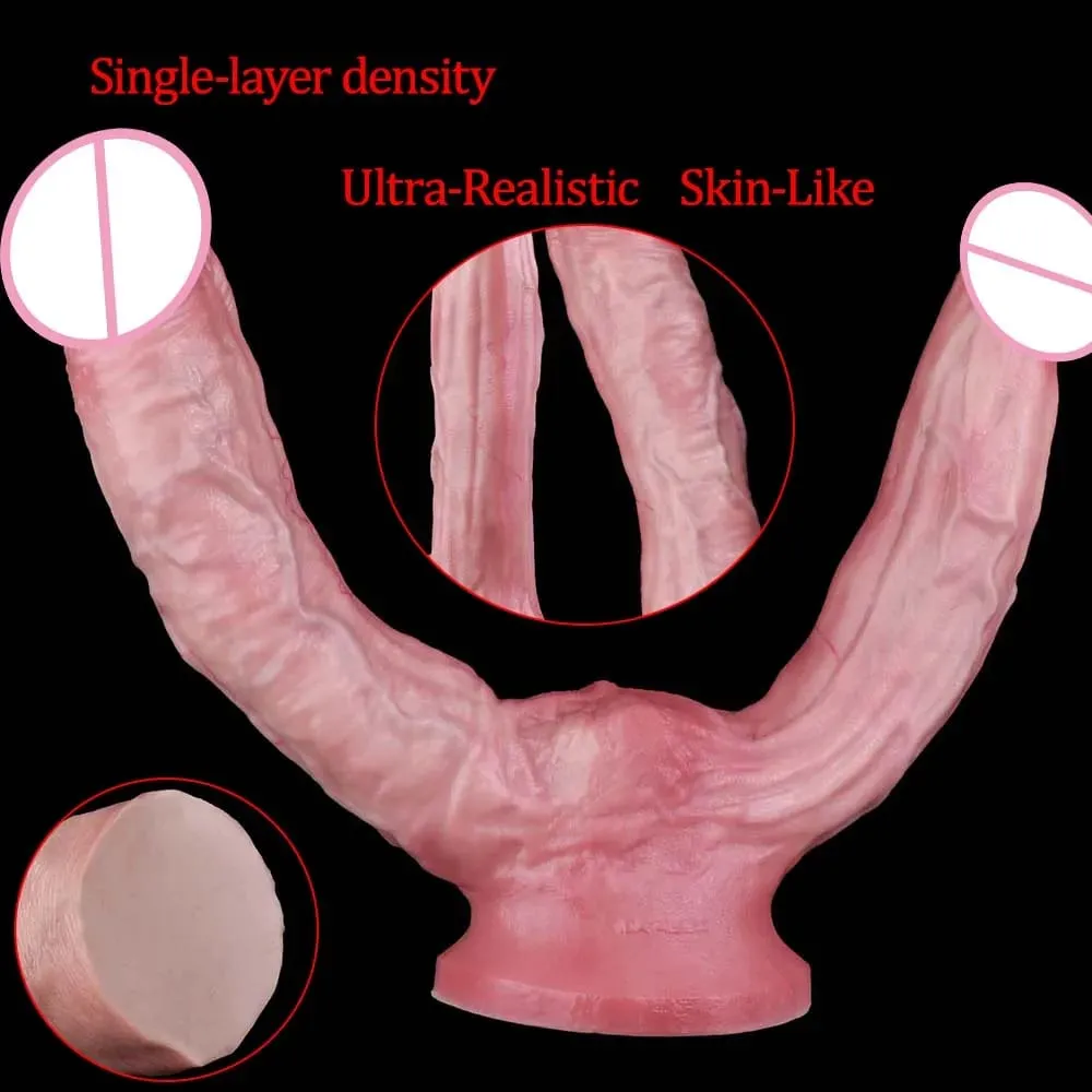 Mainan Seks Stimulator Vagina Anal Kepala Ganda Dildo Panjang Realistis 47Cm dengan Pengisap untuk Pasangan Lesbian Alat Dewasa Pria Gay