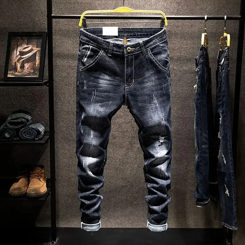 American Elastic Straight Jeans Men Ripped Worn-out Slim-fit Cotton Denim Pants Korean Style Fashion Blue Black Men's Clothing — image 10