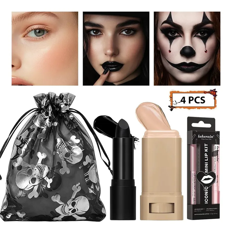 4pcs Halloween Makeup Kit Foundation Stick Black Face Painting Stick Mini Lip Liner Long-Lasting Water-Resistant Party Makeup — image 9