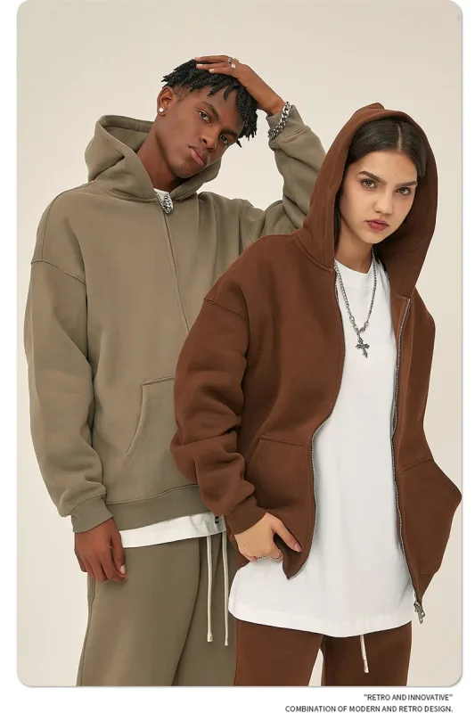 New Men Double Headed Zipper Fleece Hoodies Unisex Loose Basic Solid Warm Hooded Sweatshirts Coats For Winter HY0633 — image 10