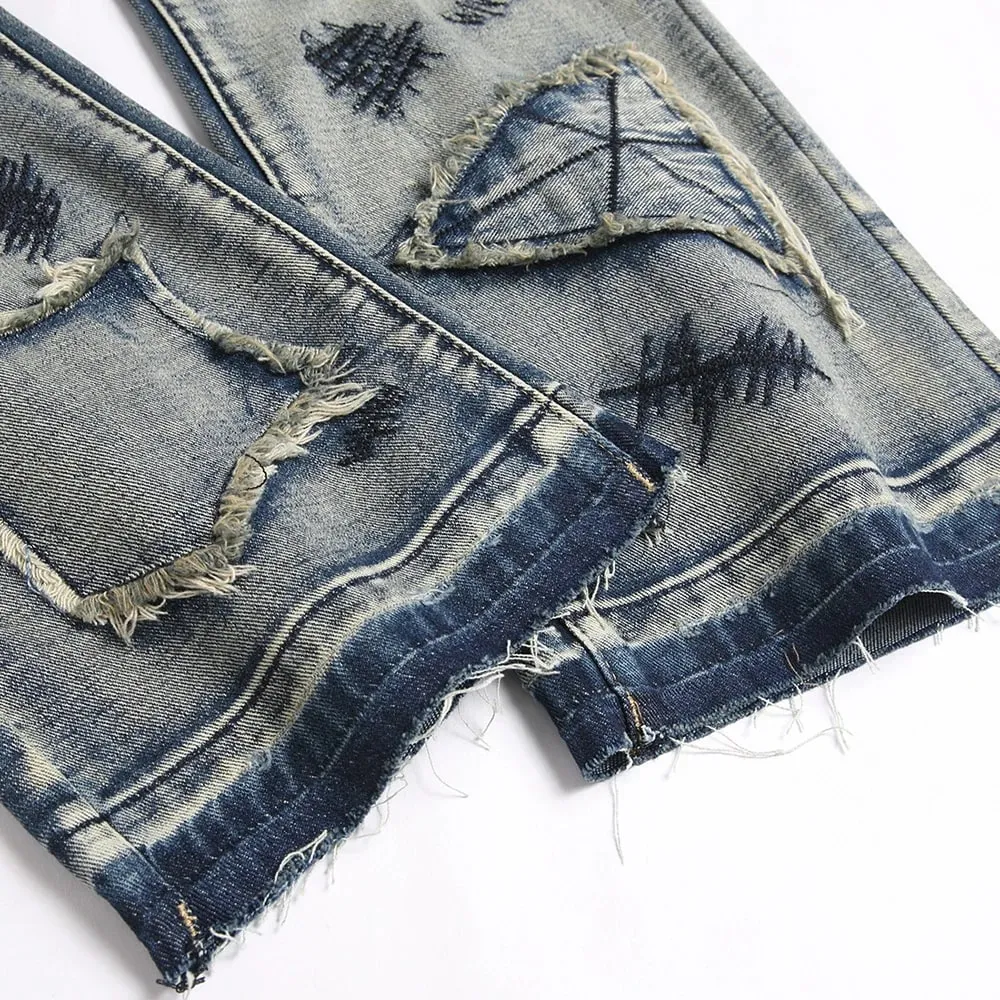 Men's Boot Cut Jeans Streetwear Patches Released Hem Pants Vintage Blue Embroidery Patchwork Flared Trousers — image 5