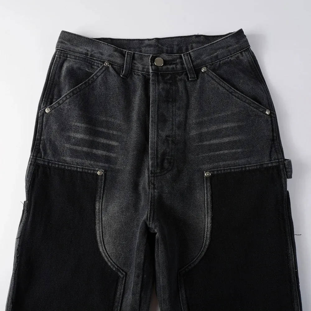 Men Patch Cargo Denim Jeans Streetwear Rivet Released Hem Patchwork Pants Button Fly Loose Straight Cotton Trousers — image 3