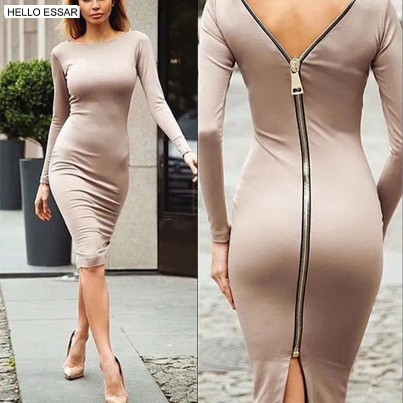 Spring new large size Bodycon dress Solid Color Round neck long sleeve Back zipper tight dress Female Fashion Clothes D1240 — image 3