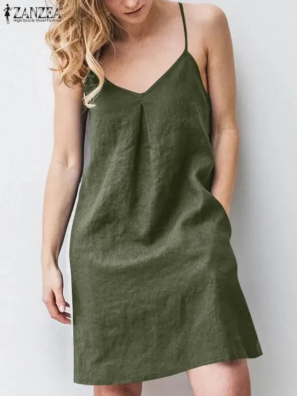 2023 ZANZEA Women Summer Backless Straps Dress Solid Sleeveless V-Neck Sundress Female Casual Robe Party Beach Vestidos Oversize