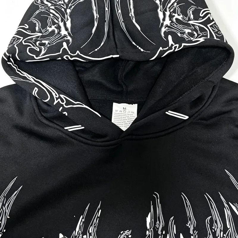 Men Alt Gothic Pullover Hoodie Y2k High Street American Style Dark Thorn Print Fleece Lined Loose Biker Fall Winter Sweatshirt — image 25