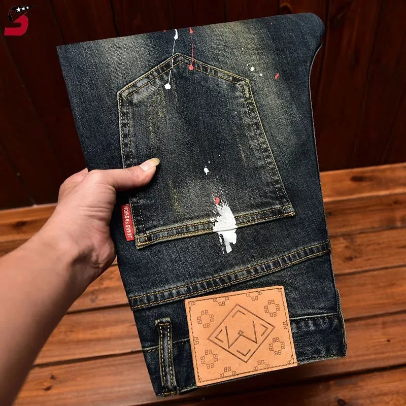 Jeans men's autumn and winter slim-fitting small straight elastic trend American patchwork retro denim nostalgic trousers — image 4