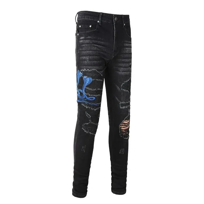 Men Snake Embroidery Jeans Streetwear Leather Patch Stretch Denim Skinny Pants Holes Ripped Distreesed Pencil Trousers — image 8