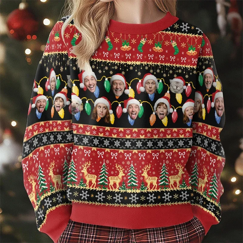 Personalized Custom Multi‑Face Christmas Sweatshirt Upload Family Pet Photos Ugly Xmas Reindeer Holiday Long Sleeve Tops — image 4
