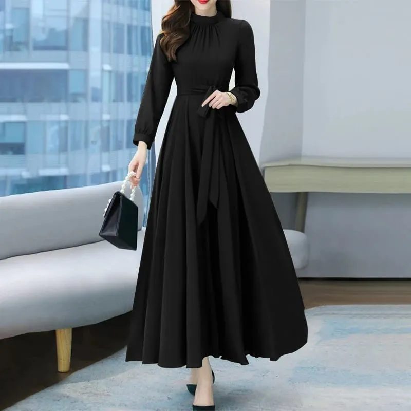 Women Long Sleeve A-line Sundress Spring Long Dress Autumn Solid Party Holiday Maxi Dresses Vestidos Femme Vintage Robe