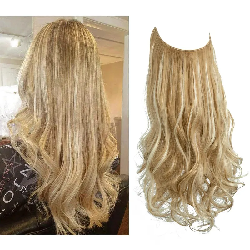Synthetic No Clip Wave Hair Extensions Ombre Natural Blonde One Piece False Hairpiece Fish Line Fake Hair Piece