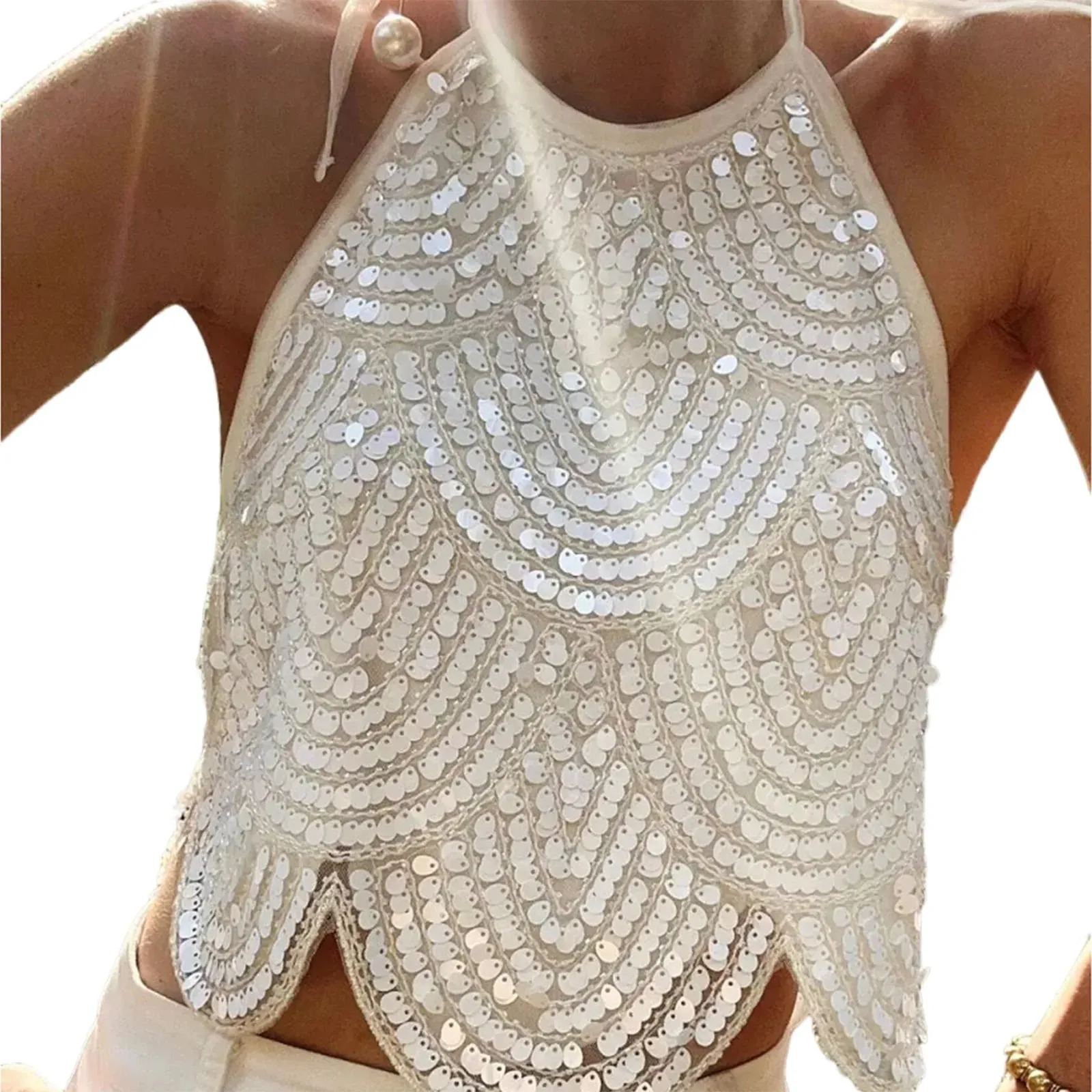 Seksowna damska koszulka na ramiączkach z cekinami, bez pleców, wiązana seksowny, błyszczący, krótki top bez rękawów, brokatowa bluzka na imprezę Clubwear — image 11
